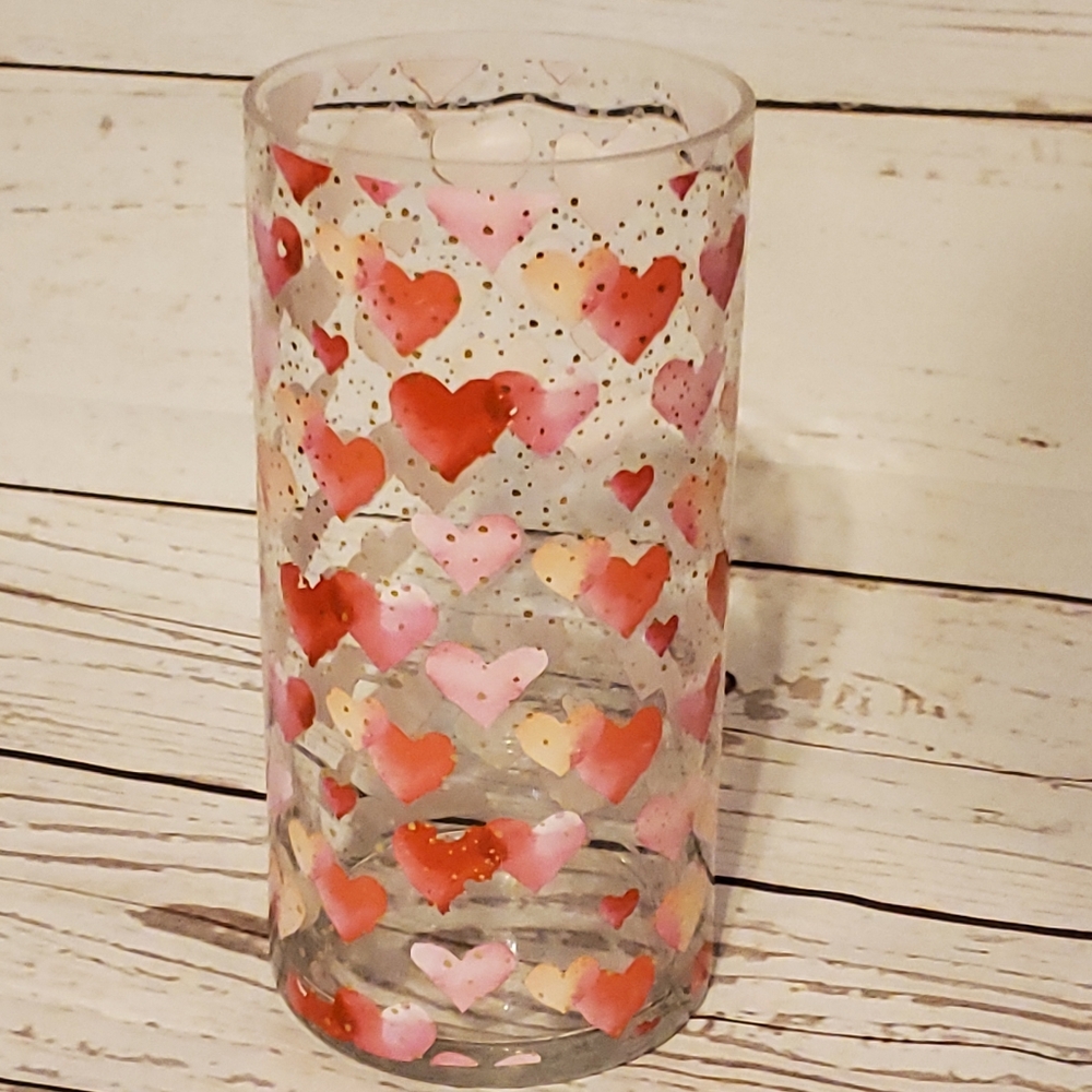 Clear glass vase with hearts and gold metallic dots red, pink, peach large